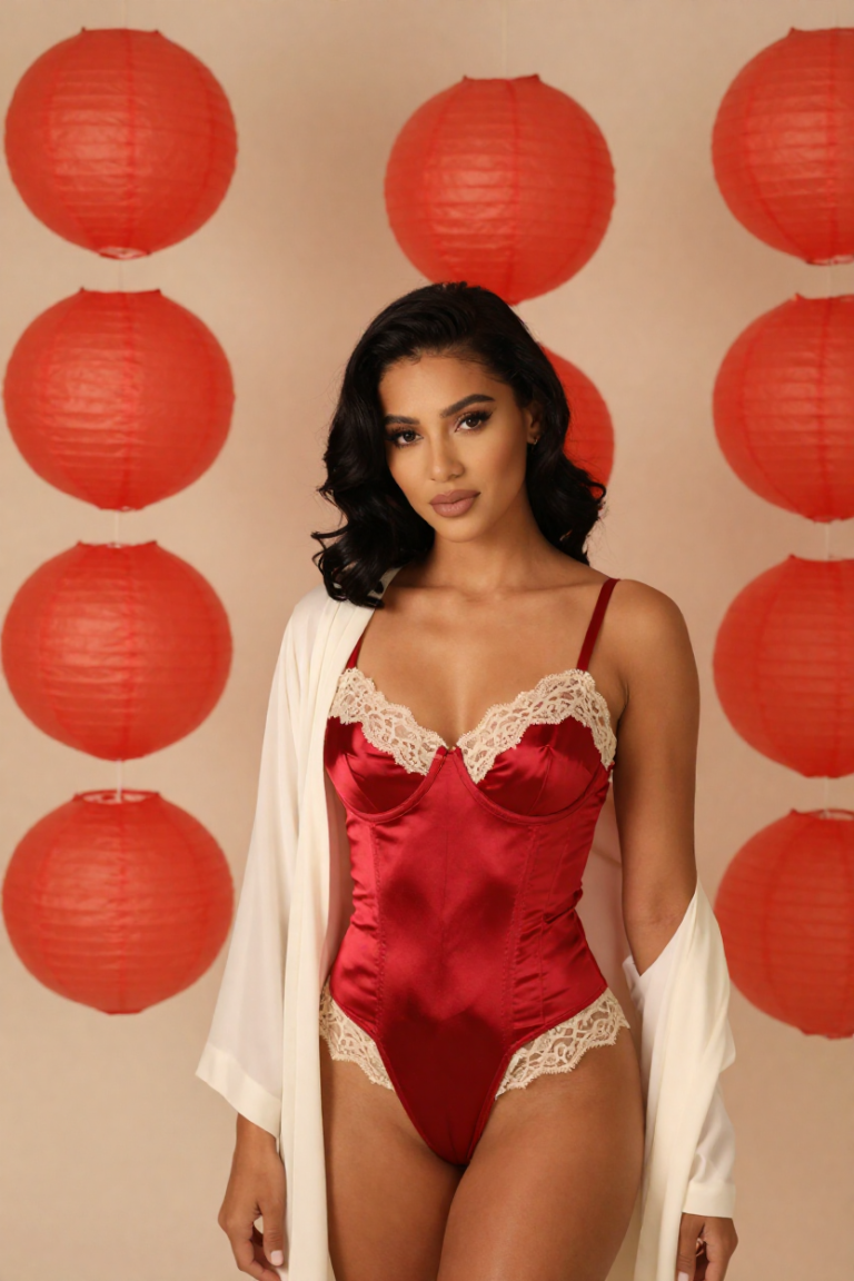 Fictional 27-year-old woman in a crimson satin corset and ivory robe beneath plain blank red lanterns