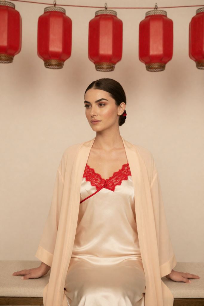 Fictional 29-year-old woman in a cream silk dress with crimson lace seated beneath plain blank red lanterns